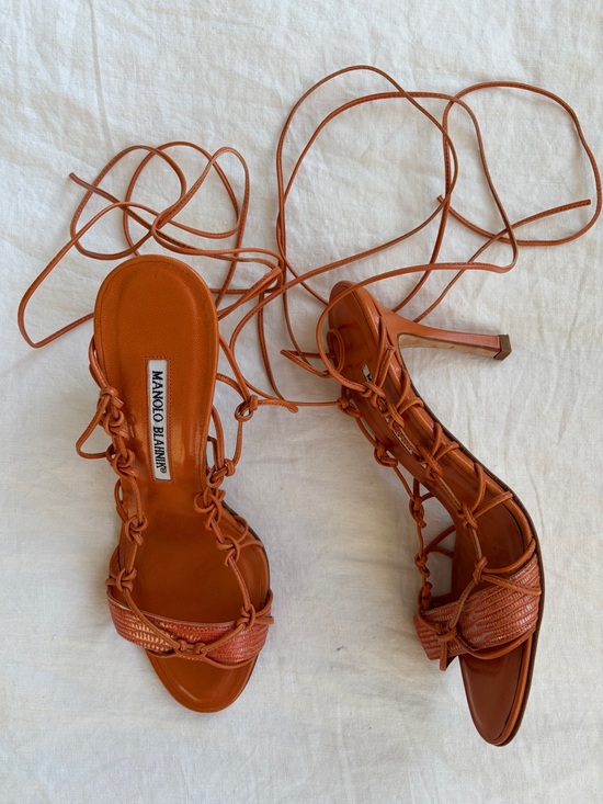 Manolo Blahnik Shoes - Vintage Manolo Blahnik Strappy Knotted String Wrap Tie Open Toe Heels Orange Tan